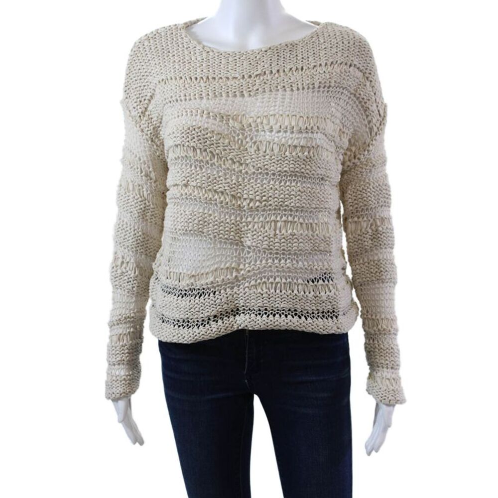 New Scotland Womens Long Sleeves Woven Knit Sweater White Cotton Size Medium